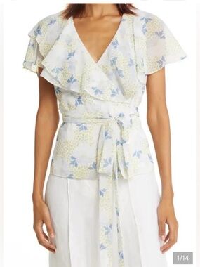 Ted Baker Pale Blue & Cream Floral Ruffle Wrap Blouse